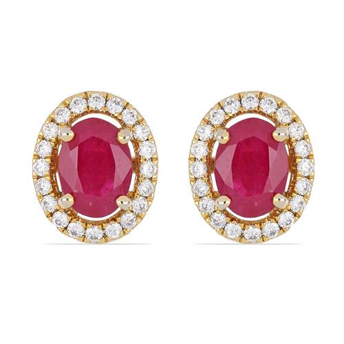 14K GOLD NATURAL GLASS FILLED RUBY GEMSTONE HALO EARRINGS WITH WHITE DIAMOND